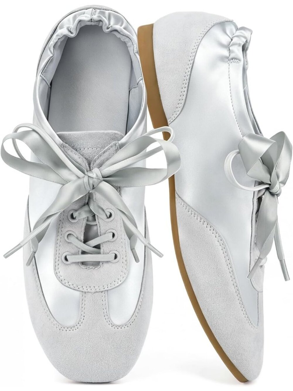 Women's Silver Satin Lace Up Lightweight Slim Comfort Ballerina Flat Sneakers